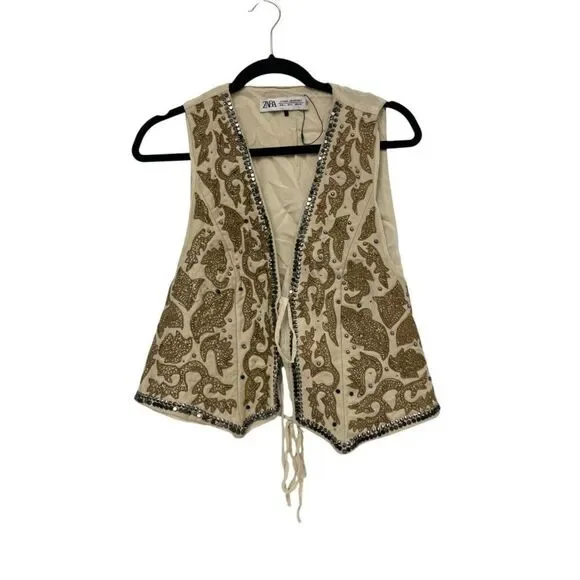 Zara Womens Vest Large S Ecru Embroidered Studded Limited Ed 7521/101 NWT - Picture 3 of 15